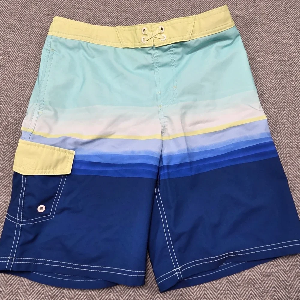 Cat & Jack Boys Blue Teal Ombre‎ Striped Board Shorts Swim Trunks XL 14-16